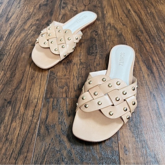 SCHUTZ • Betisa Slide Sandal nude leather Honey Beige studded flat - Picture 9 of 9